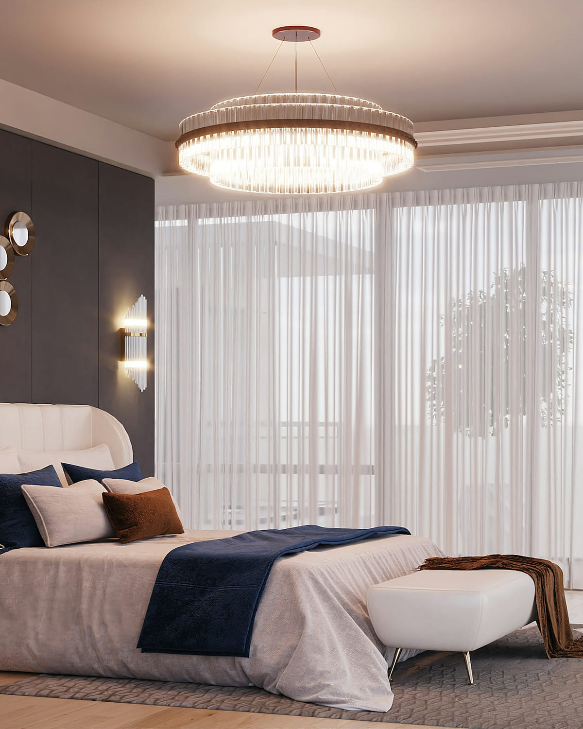 Interior de una suite de hotel con luz cálida y tonos neutros