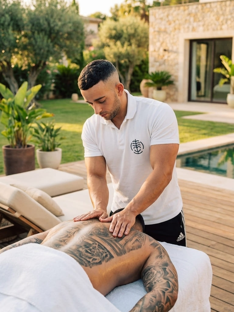 Sharel Martínez aplicando terapia manual en la terraza de una villa al atardecer